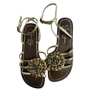 Jessica Simpson Gold 10M Sandals  Flats Ankle Strap Summer Travel Party Church